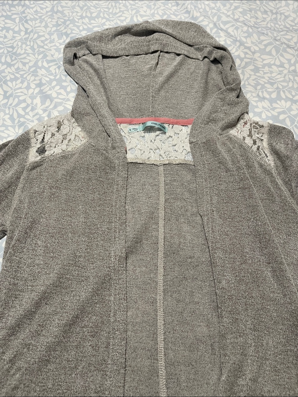 Maurices Light Gray Hooded Cardigan with Lace Shoulders